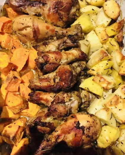 Chicken in the oven with potato and sweet potato